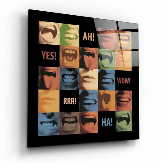 Vibrant pop art wall art canvas with bold expressive faces in green, blue, orange, pink on black