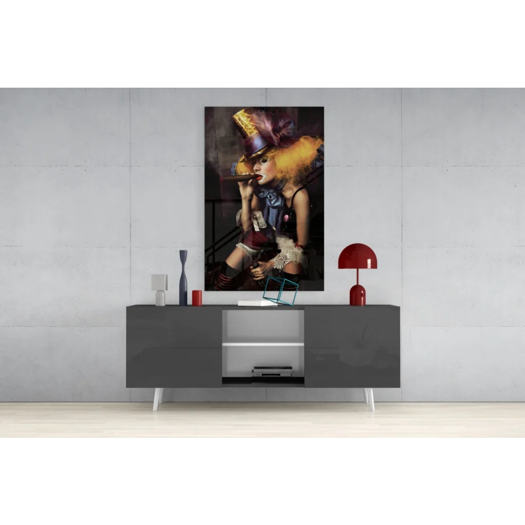 Fiery pop art woman canvas wall art with golden top hat and orange hair