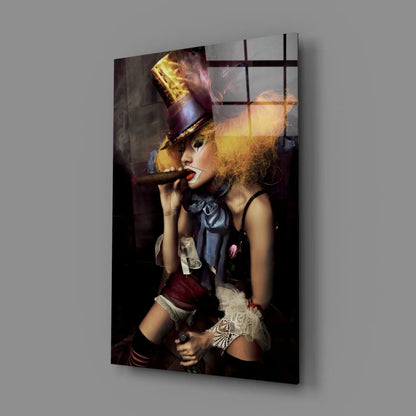 Fiery pop art woman canvas wall art with golden top hat and flames