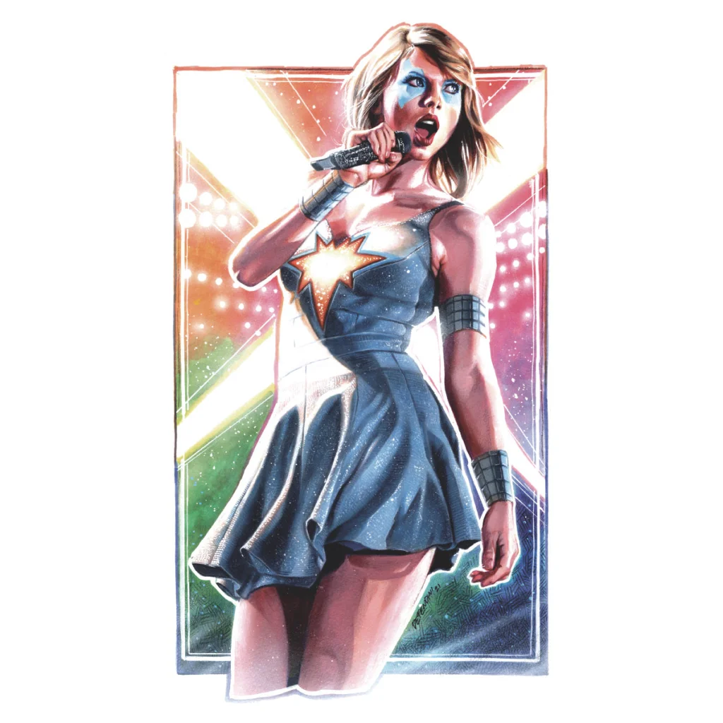 Female force Taylor Swift comic book character illustration with woman holding microphone and colorful background