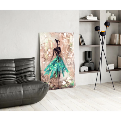 Modern teal dancer abstract wall art canvas print with flowing skirt
