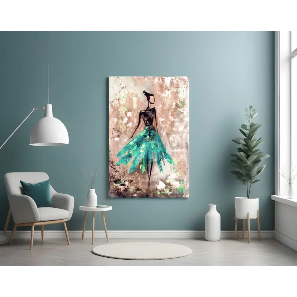 Vibrant teal ballerina abstract wall art canvas print on beige textured background