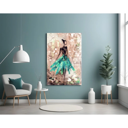 Vibrant teal ballerina abstract wall art canvas print on beige textured background