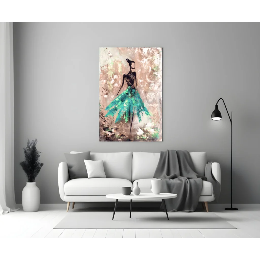 Stylized teal dancer in flowing gown on beige textured background, wall art canvas print