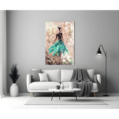 Stylized teal dancer in flowing gown on beige textured background, wall art canvas print