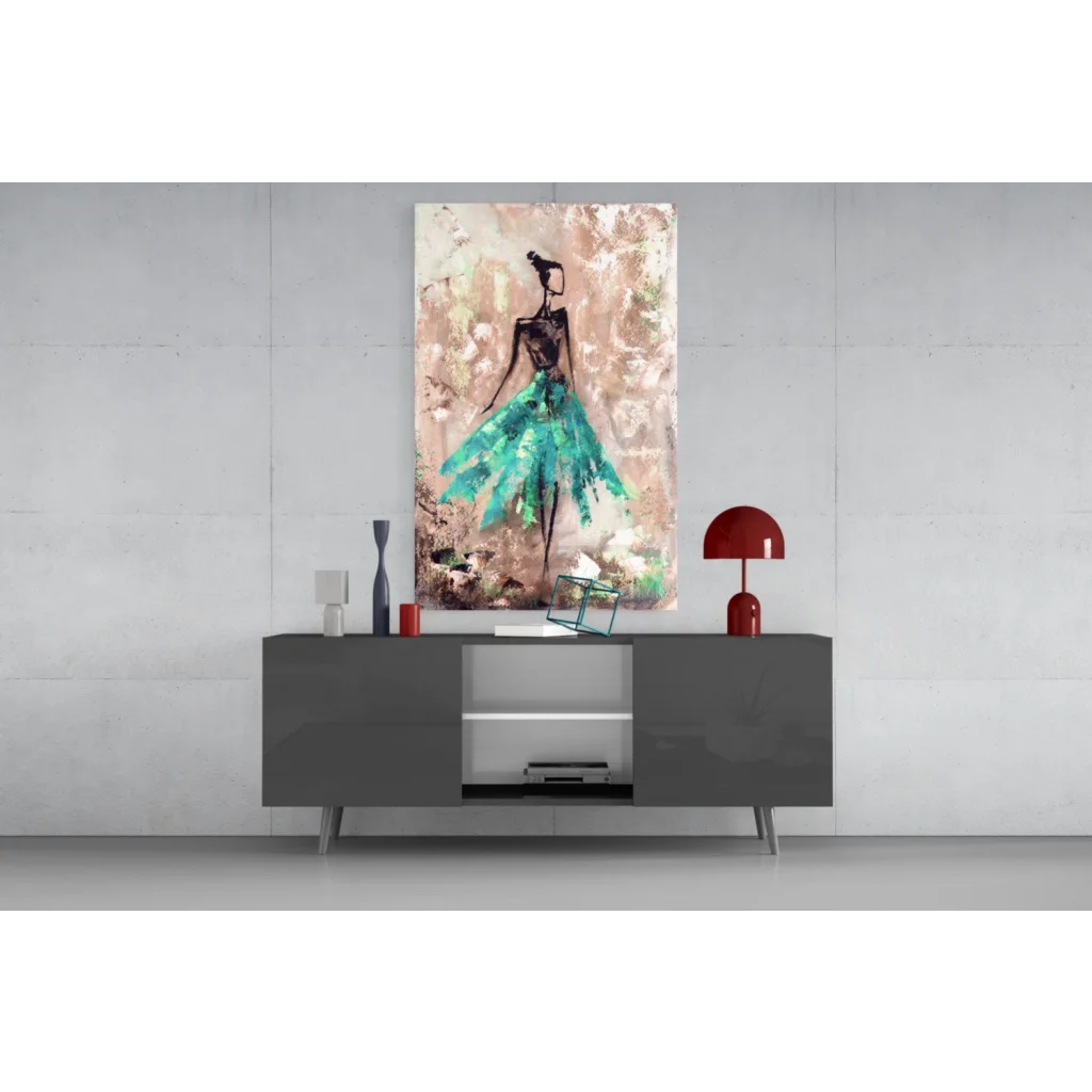 Abstract teal dancer canvas wall art print on textured beige pink background