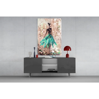 Abstract teal dancer canvas wall art print on textured beige pink background