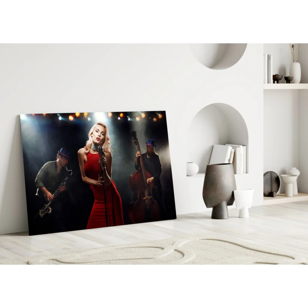 Vibrant jazz singer in red dress canvas wall art with musicians