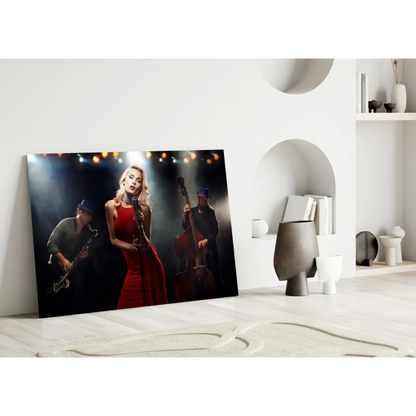 Vibrant jazz singer in red dress canvas wall art with musicians