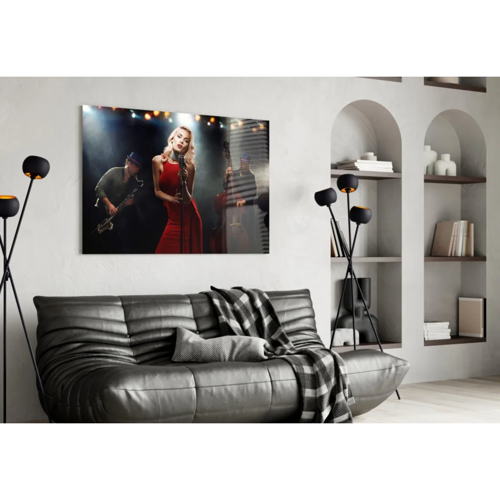 Blonde jazz singer in vibrant red dress on stage wall art