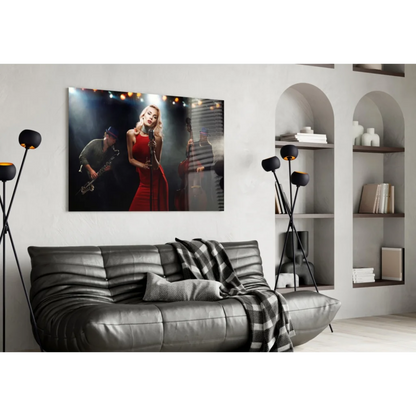Blonde jazz singer in vibrant red dress on stage wall art