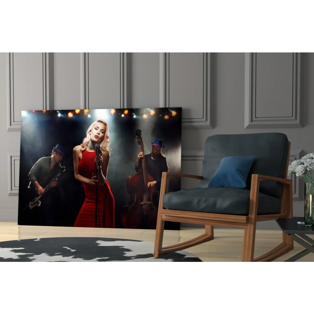 Blonde jazz singer in vibrant red gown on stage, canvas wall art