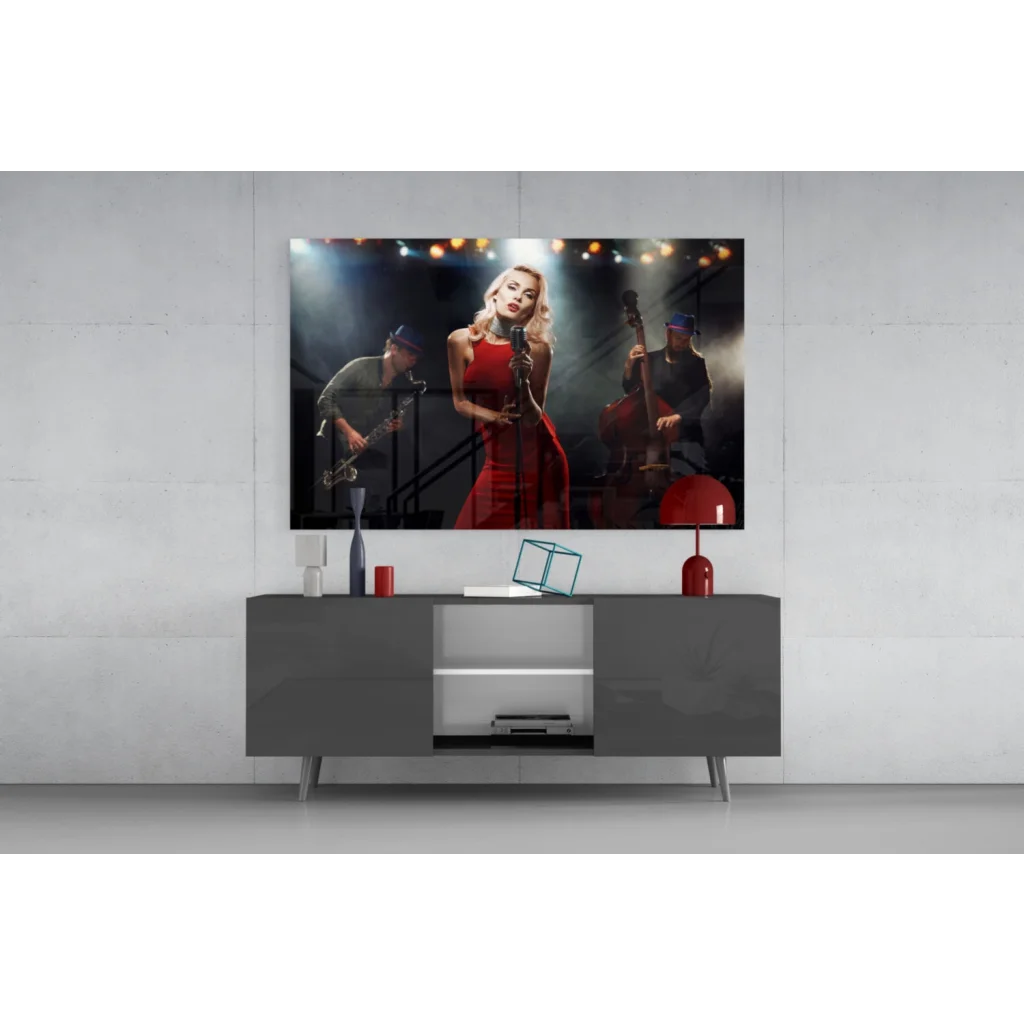 Sleek gray media console with glossy minimalist design and Jazz Singer in Red Dress wall art