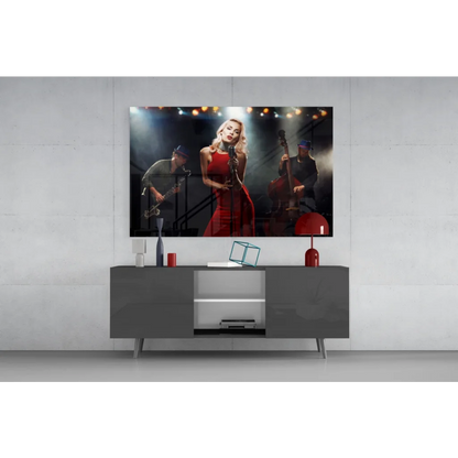 Sleek gray media console with glossy minimalist design and Jazz Singer in Red Dress wall art