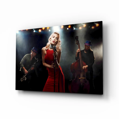 Jazz singer in red dress canvas wall art with spotlight stage scene