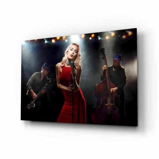 Jazz singer in red dress canvas wall art with spotlight stage scene