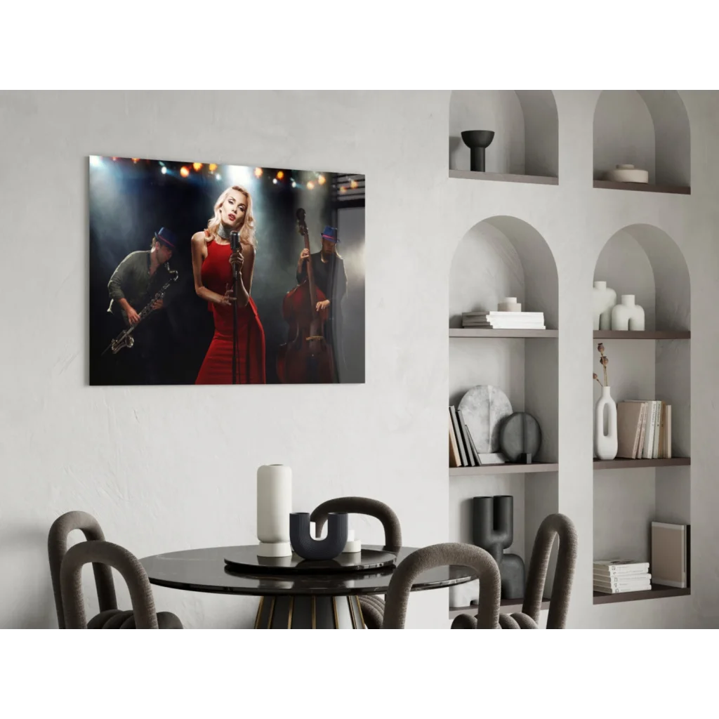 Blonde jazz singer in vibrant red satin dress on stage with sax and cello wall art