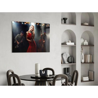 Blonde jazz singer in vibrant red satin dress on stage with sax and cello wall art