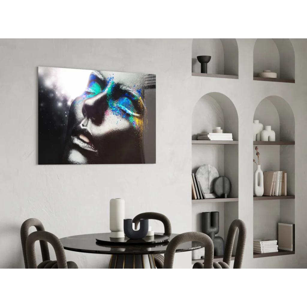 Stunning Cosmic Splash glass wall art: black-and-white woman face with blue-green paint splatters on eyes