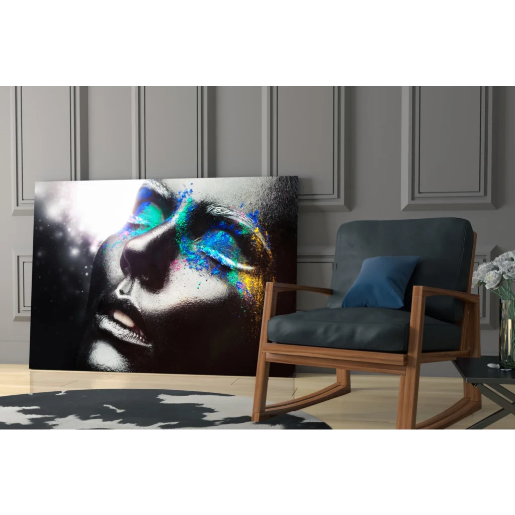 Vibrant Cosmic Splash glass wall art canvas print of womans painted face