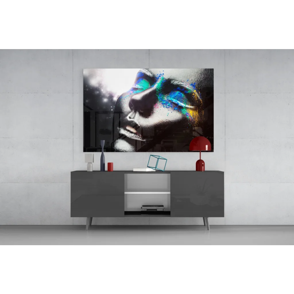 Vibrant cosmic splash glass wall art canvas print of woman with paint splatters