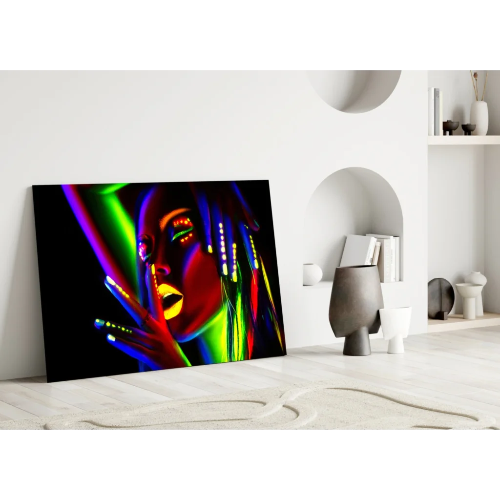 Vibrant neon-lit woman portrait on UV reactive glass wall art