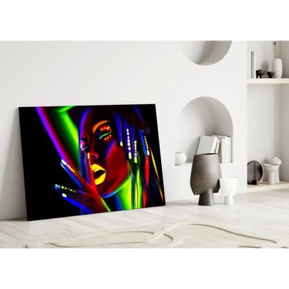 Vibrant neon-lit woman portrait on UV reactive glass wall art