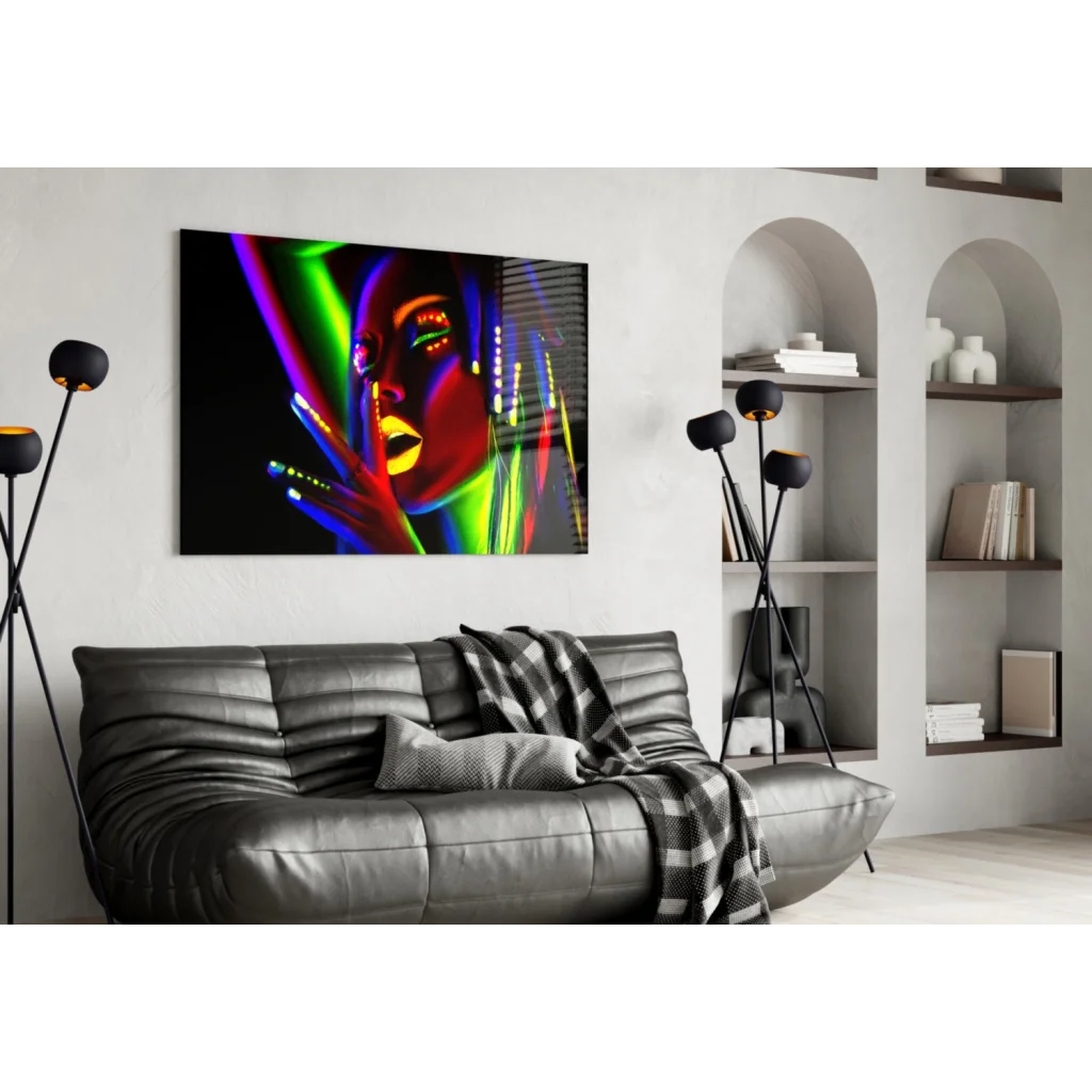 Vibrant neon glow woman portrait on UV reactive glass wall art