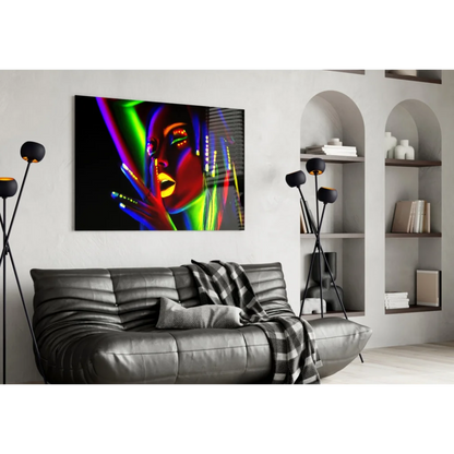 Vibrant neon glow woman portrait on UV reactive glass wall art