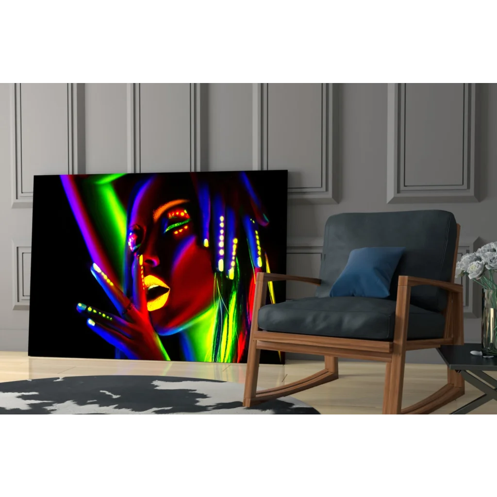 Vibrant neon-lit woman portrait on UV reactive glass wall art