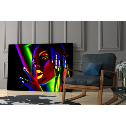 Vibrant neon-lit woman portrait on UV reactive glass wall art