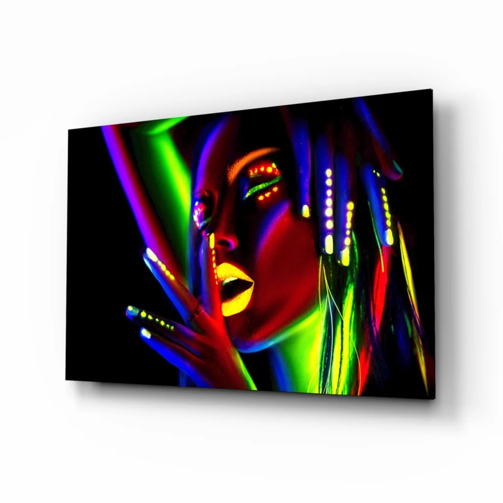 Vibrant neon-lit woman portrait on UV reactive glass wall art