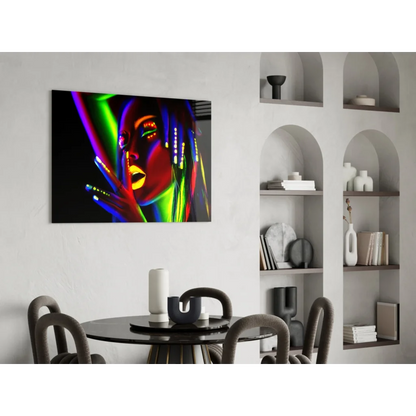 Vibrant neon glow portrait on glass wall art with UV reactive rainbow hues