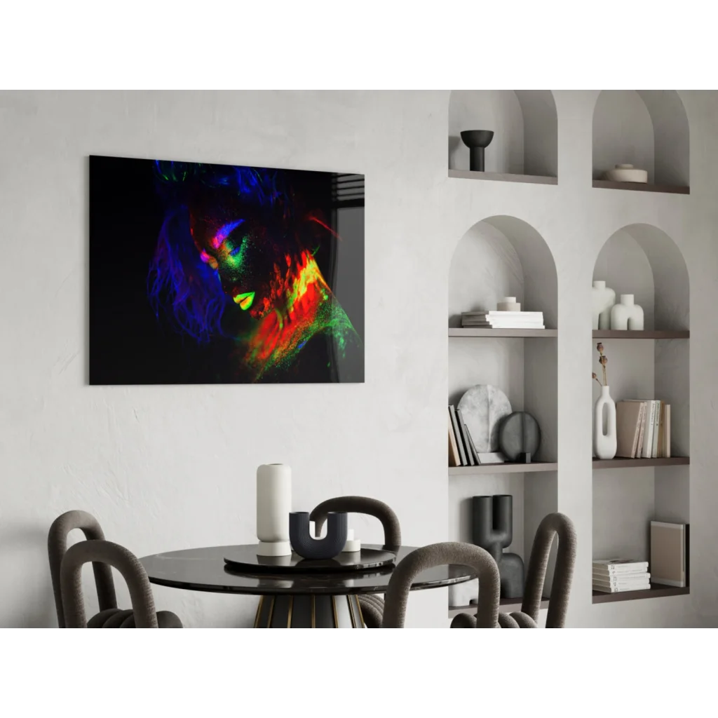 Vibrant neon glow portrait wall art canvas in blue green yellow red hues