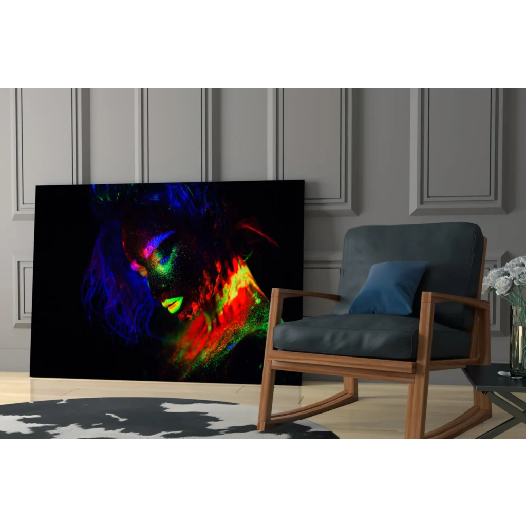 Vibrant neon glow portrait canvas wall art with glowing colorful face on black background