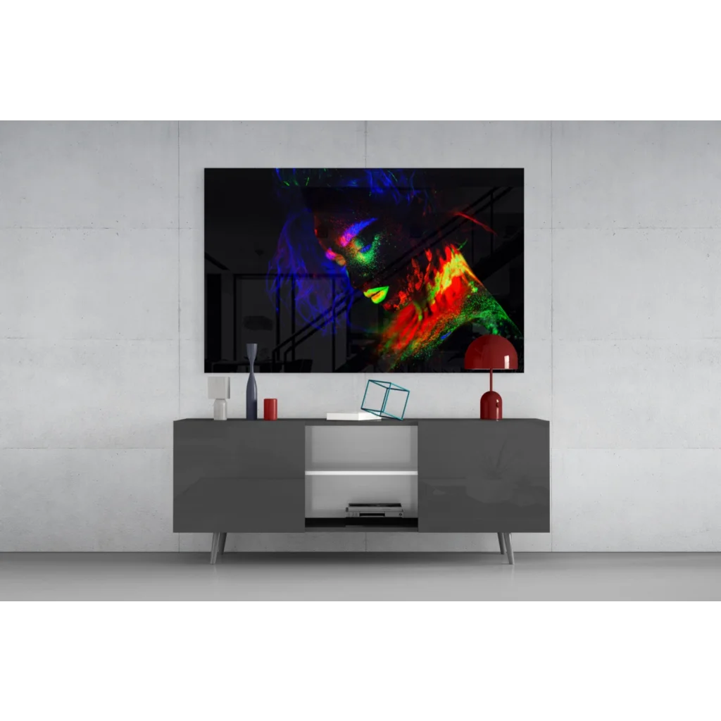 Vibrant neon glow portrait wall art of colorful glowing face