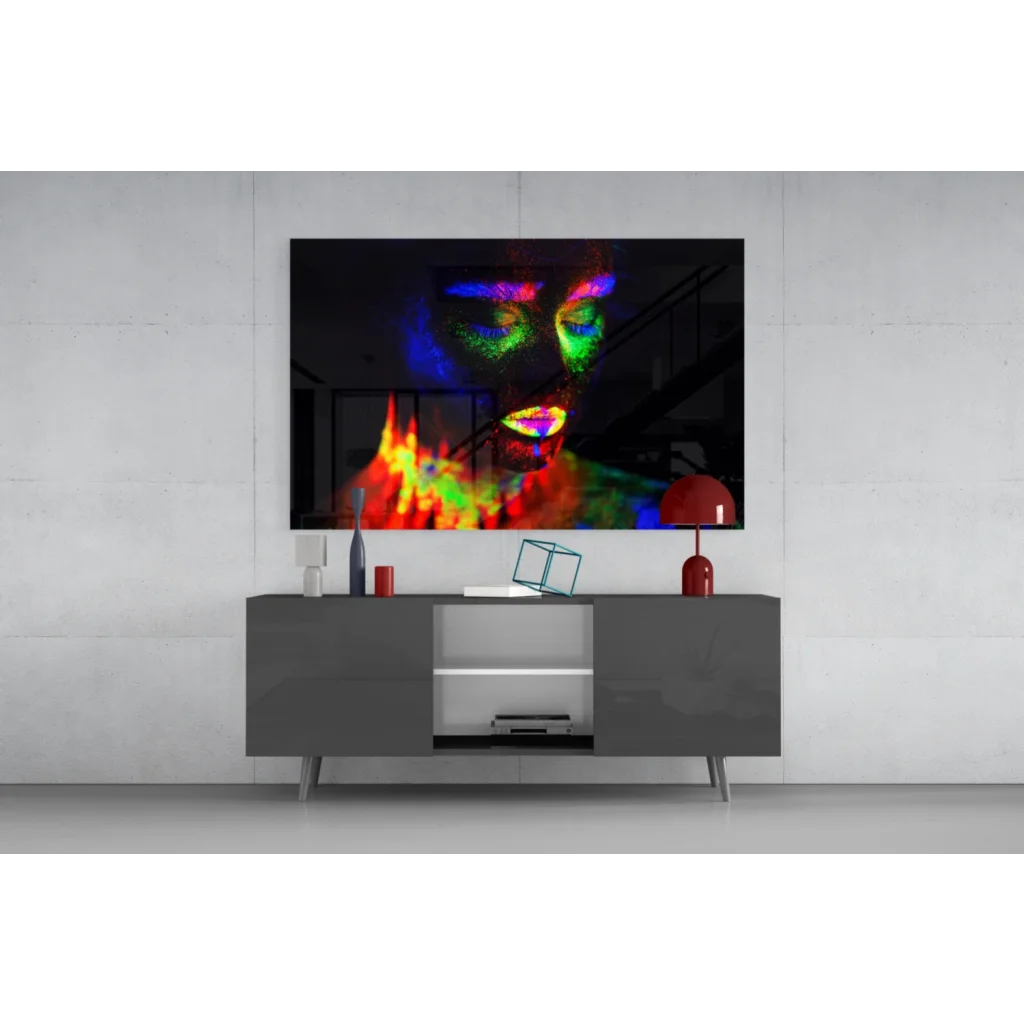 Vibrant neon glow portrait glass wall art with UV reactive colors