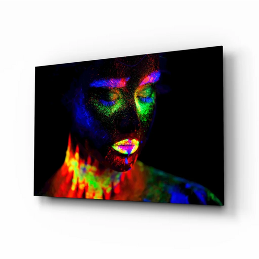 Vibrant neon glow portrait on UV reactive glass wall art