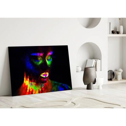 Vibrant neon glow portrait on UV reactive glass wall art