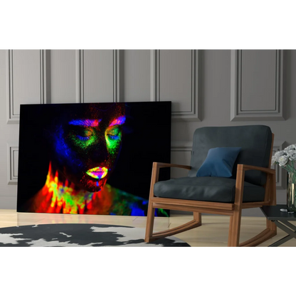 Vibrant neon glow portrait on glass wall art with UV reactive blue, green, pink hues
