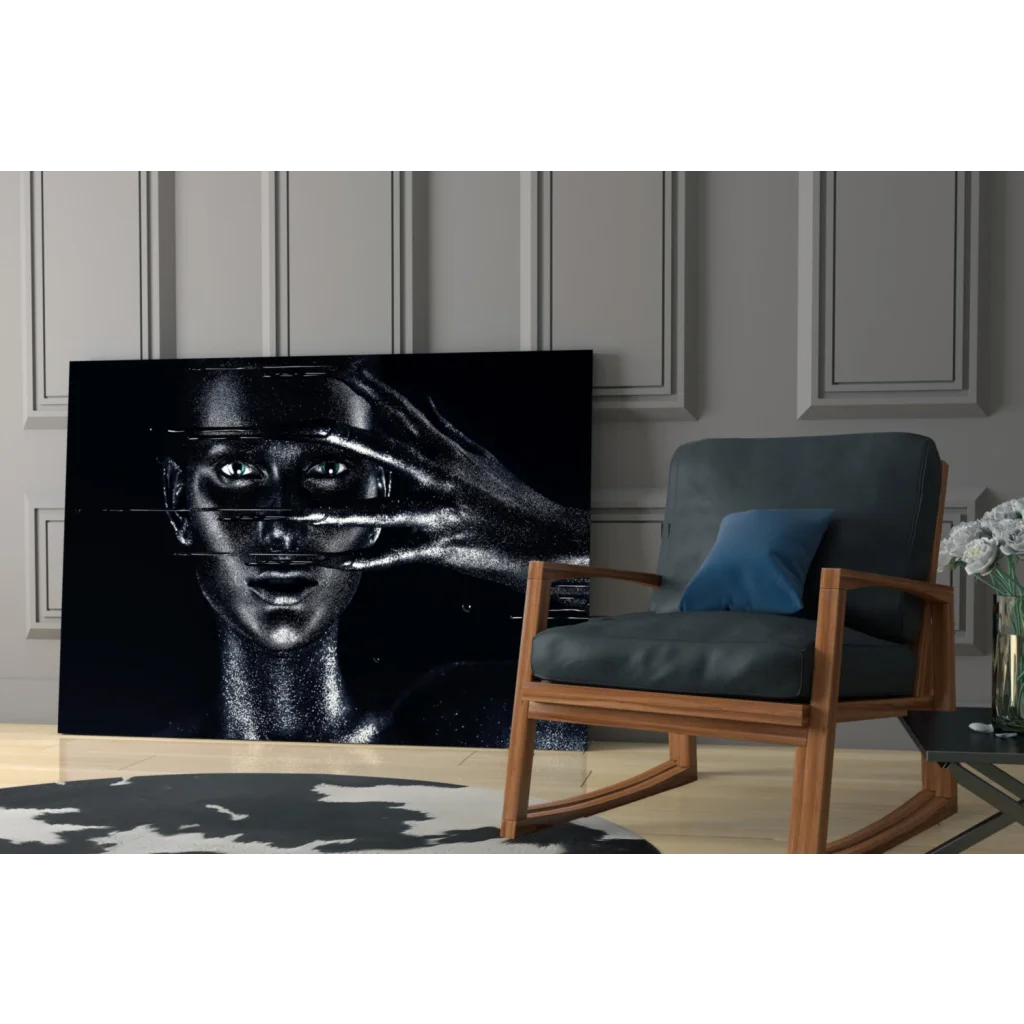Black and silver abstract woman portrait wall art with glowing eyes and hand