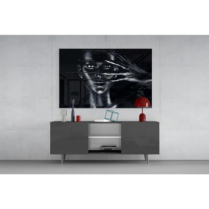 Black and white abstract woman portrait canvas wall art with metallic sheen and stylized hands