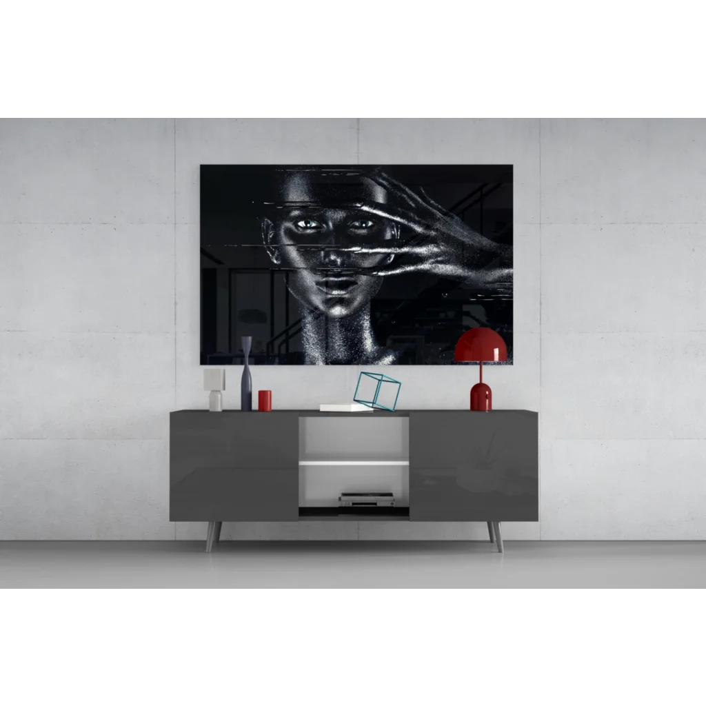 Black and white abstract woman portrait canvas wall art with metallic silver sheen and stylized hands