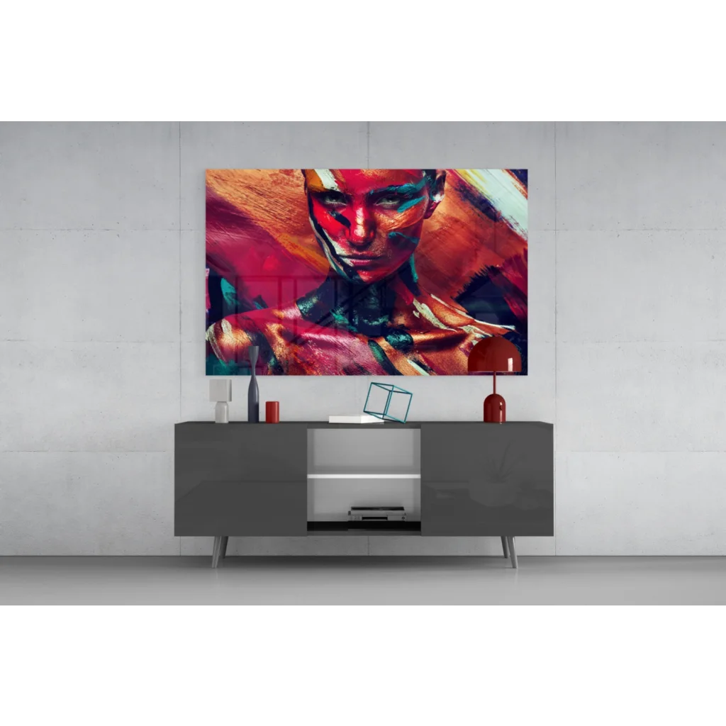 Vibrant abstract portrait on glass wall art canvas with bold reds and blues