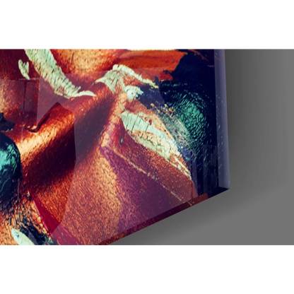 Vibrant abstract portrait glass wall art canvas in orange, teal, gold