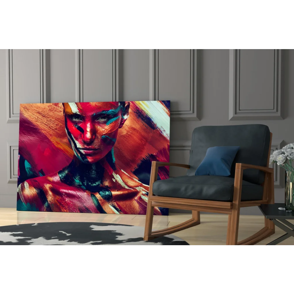 Vibrant abstract portrait on glass wall art canvas with bold reds, oranges, teal hues