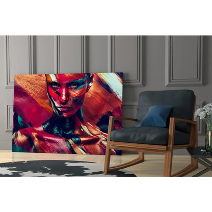 Vibrant abstract portrait on glass wall art canvas with bold reds, oranges, teal hues
