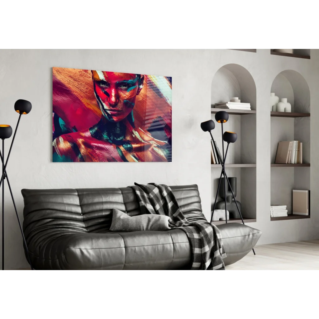 Vibrant abstract portrait glass wall art canvas in red, orange, teal hues