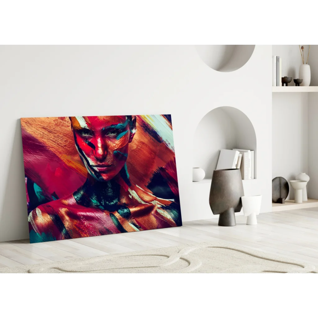 Vibrant abstract portrait glass wall art with bold red, orange, teal strokes