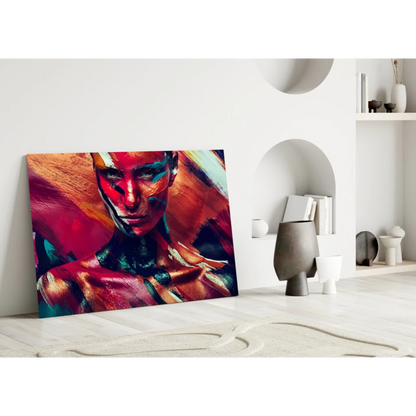 Vibrant abstract portrait glass wall art with bold red, orange, teal strokes